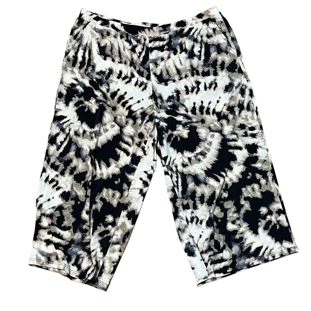 Tie Dye Stretchy Cropped Pants Women's Petite Medium Pull On Black Brown Slinky